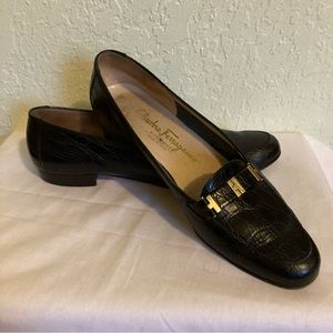 Salvatore Ferragamo 7.5 AAAA Black  Croc Embossed Leather Flats Gold Hardware